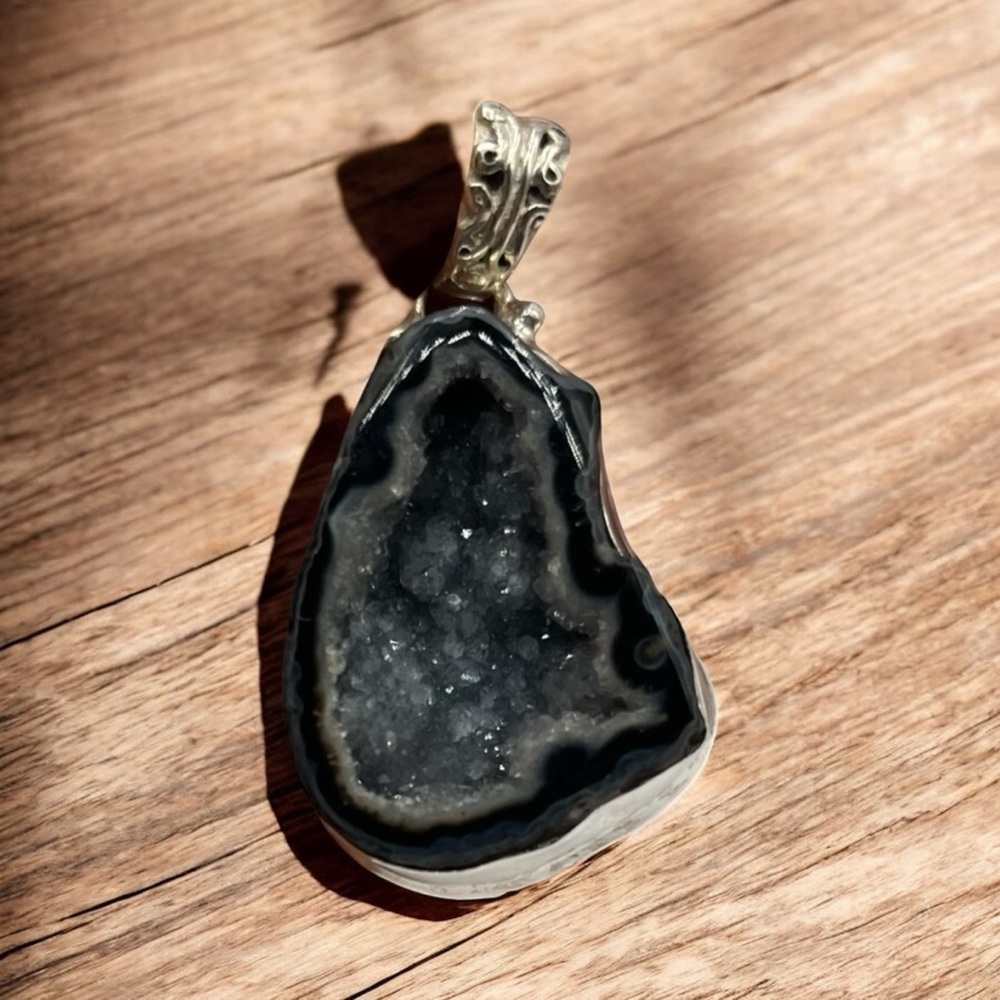 Artisan Made Sterling Silver 925 Large Coconut Geode Druzy Stone Pendant